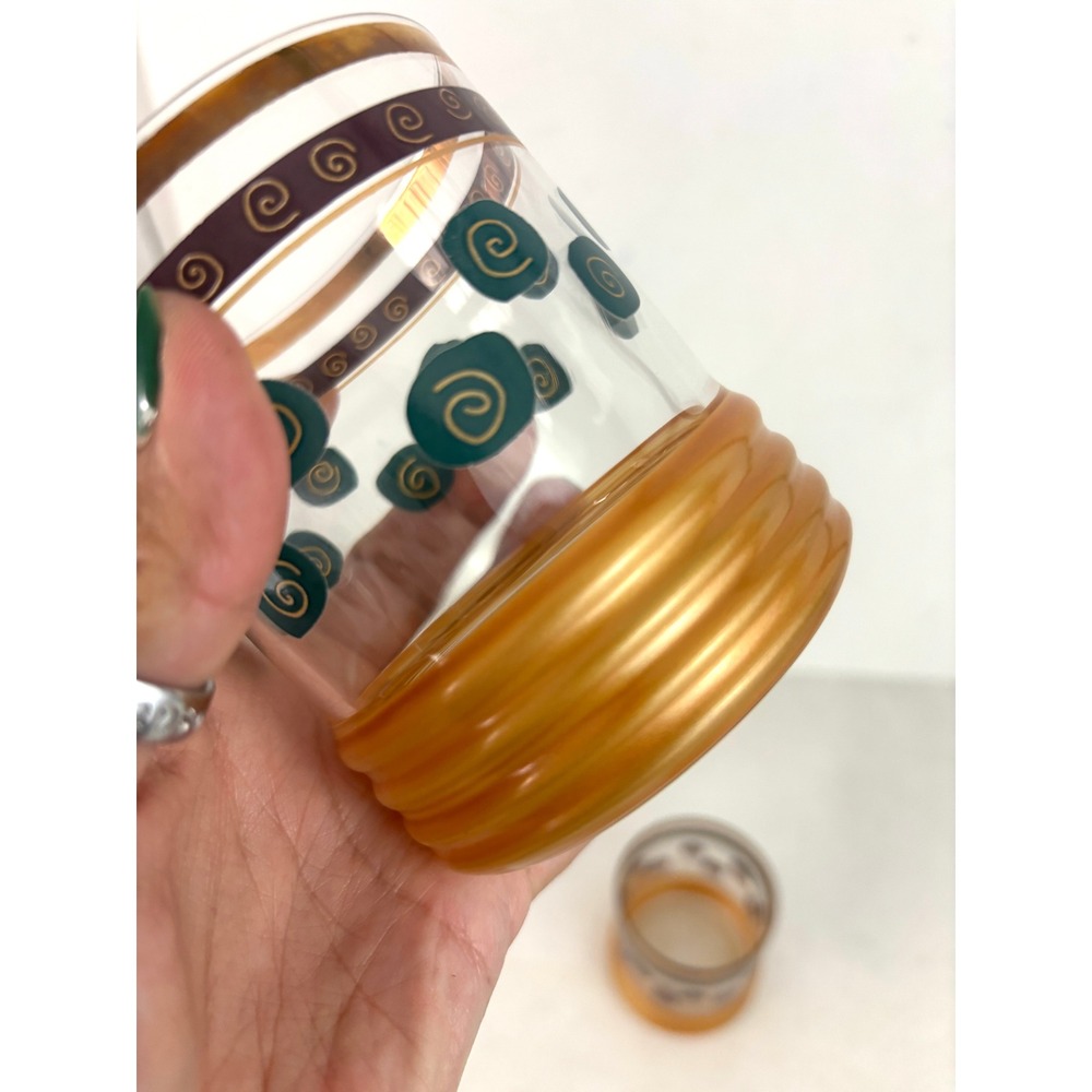Vintage Gold Teal Burgundy Spiral Rocks Glasses Whiskey Tumblers Pair - Picture 8 of 11